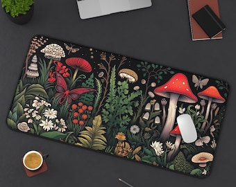 Cottagecore Desk Mat Mushroom Mousepad Moth, XL Deskmat Gothic Mouse Mat Plant Mouse Pad Witchy, Nature Ferns Mat Insect Playmat Botanical