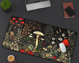 Dark Floral Cottagecore Desk Mat Mushroom Moth Mouse Pad XL, Whimsigoth Botanical Deskmat Gothic Computer Mat Witchy Mousepad Nature Plants