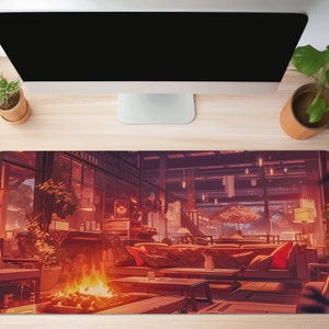 Cozy Fire Deskmat XL Long Mouse Pad Calming Computer Mat Lofi Cafe Cozy Workspace Anime Office Decor, XXL Giant Desk Mat Large Deskpad PC