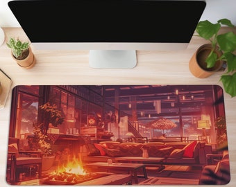 Cozy Fire Deskmat XL Long Mouse Pad Gamer, Calming Computer Mat Lofi Workspace Artistic Office Decor, Neoprene Desk Mat Large Deskpad Art PC