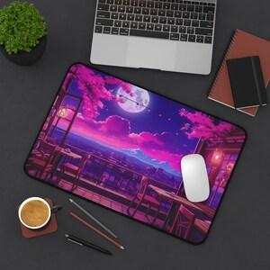 Moon Computer Mat Lofi Cozy Desk Mat XXL Cute Kawaii Mouse Pad Sakura Art, Pastel Pink Anime Deskmat Purple Aesthetic Japan Long Mousepad XL image 6