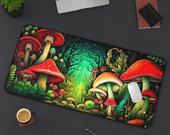 Deskmat Psychedelic Mushroom Mouse Pad Dark Cottagecore Goth, Witchy Desk Mat Enchanted Forest Deskpad, Long Mousepad XL Gaming Playmat XXL