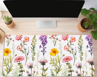 Watercolor Wildflower Deskmat XL, Floral Mousepad Cottagecore Desk Mat, Pressed Flowers Mouse Pad, Womens Office Decor Garden Desk Mat Plant