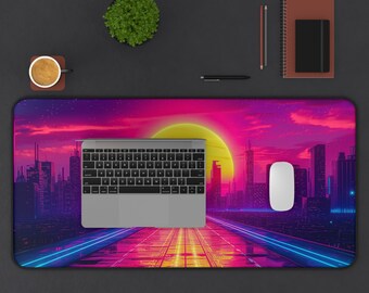 Cyber Retro Computer Mat XL Mouse Pad Synthwave Desk Mat, Extended Cyberpunk Deskpad Vaporwave Mousepad Gridline, XXL Long Deskmat Retrowave