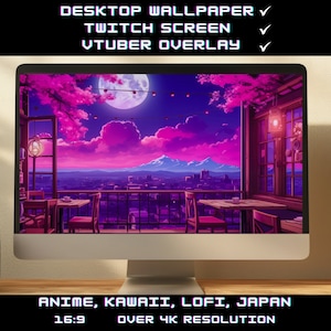 Puede incluir: Una ilustración digital de una ciudad nocturna con un cielo rosa y morado, una luna llena y un árbol de cerezo en flor. La escena se ve desde un balcón con dos mesas y sillas. El texto "ANIME, KAWAII, LOFI, JAPÓN" y "16:9 MÁS DE 4K DE RESOLUCIÓN" se muestra en la parte inferior de la imagen.