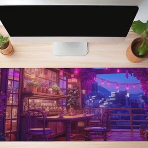 Lofi Cafe Mousepad Cozy Purple Deskmat Anime Minimalistic Mousepad Kawaii, Japan Desk Mat Anime Office Decor XXL Mousepad Tokyo Skyline Mat