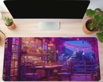 Lofi Cozy Mousepad Purple Pink Deskmat Anime, Cute Mousepad Kawaii, Japan Art Desk Mat Office Decor, XXL Mousepad Tokyo Skyline Neoprene Mat