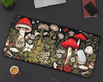 Dark Cottagecore Deskmat Mushroom Mousepad Wicca, Botanical Mouse Pad Plant Enchanted Forest, XL Deskmat Floral Nature Decor Forest Gaming