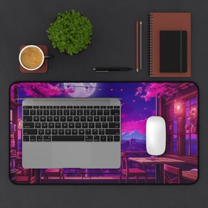 Moon Computer Mat Lofi Cozy Desk Mat XXL Cute Kawaii Mouse Pad Sakura Art, Pastel Pink Anime Deskmat Purple Aesthetic Japan Long Mousepad XL image 8