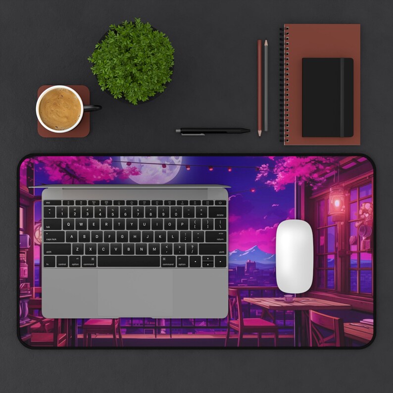 Moon Computer Mat Lofi Cozy Desk Mat XXL Cute Kawaii Mouse Pad Sakura Art, Pastel Pink Anime Deskmat Purple Aesthetic Japan Long Mousepad XL image 8