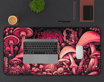 Deskmat Pink Mushroom Forest Mousepad XL, Dark Cottagecore Mushroom Desk Mat XXL Mouse Pad Fungi, Deskpad Gothic Woods Playmat Gaming Decor