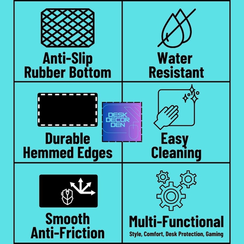 May include: A black and white illustration of a mouse pad with nine features: anti-slip rubber bottom, water resistant, durable hemmed edges, easy cleaning, smooth anti-friction, multi-functional, style, comfort, desk protection, and gaming.