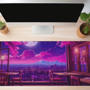 Moon Computer Mat Lofi Cafe Cozy Desk Mat XXL Cute Kawaii Mouse Pad Sakura, Pastel Pink Anime Mousepad Purple Deskmat Japan Long Mousepad XL