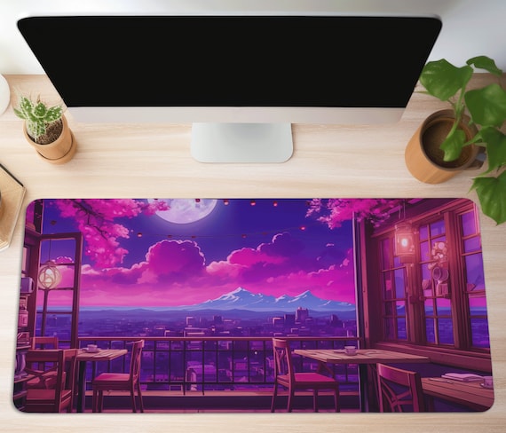 Moon Computer Mat Lofi Cozy Desk Mat XXL Cute Kawaii Mouse Pad Sakura Art, Pastel Pink Anime Deskmat Purple Aesthetic Japan Long Mousepad XL