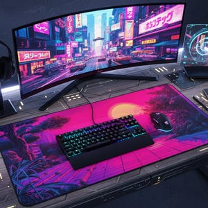 Pixel Art Deskmat Cyber Retro Mousepad Vaporwave Sunset, XL Track Pad 80s 90s Synthwave, 8 Bit Desk Mat Retrowave Anime Mouse Pad Vaporwave
