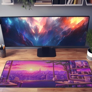 Tokyo Skyline Computer Mat Lofi Cafe Anime Minimalistic Mouse Pad XL Desk Mat Kawaii Purple Japanese Desk Mat Pastel Mousepad Sunset Deskpad