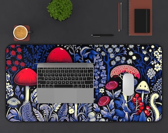 Mousepad Floral Dark Cottagecore Mushroom Deskmat Gothic, Enchanted Forest Mouse Pad Plant Aesthetic, Botanical Goth Deskmat XL Deskpad Blue