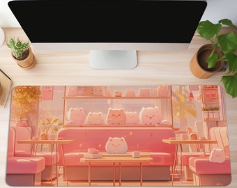 May include: A pink and white mousepad with a cartoon illustration of cats sitting on a pink couch in a cafe setting. The cats are wearing different expressions and have pink and white fur. The cafe has pink and white furniture and a pink and white tiled floor.