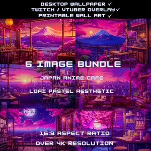 Könnte beinhalten: Ein digitales Kunstpaket mit sechs Bildern, die ein japanisches Anime-Café mit einer Stadtkulisse zeigen. Die Bilder sind im Lofi-Pastell-Stil mit einem rosa, violetten und blauen Farbschema gehalten. Der Text "6 IMAGE BUNDLE", "JAPAN ANIME CAFE", "LOFI PASTEL AESTHETIC", "16:9 ASPECT RATIO" und "OVER 4K RESOLUTION" ist im Bild enthalten.