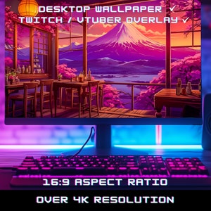 Op de afbeelding: Een computermonitor die een digitale illustratie van een bar in Japanse stijl weergeeft met uitzicht op de berg Fuji op de achtergrond. De tekst "DESKTOP WALLPAPER TWITCH / VTUBER OVERLAY V" wordt bovenaan het scherm weergegeven. De tekst "16:9 ASPECT RATIO OVER 4K RESOLUTION" wordt onderaan het scherm weergegeven.