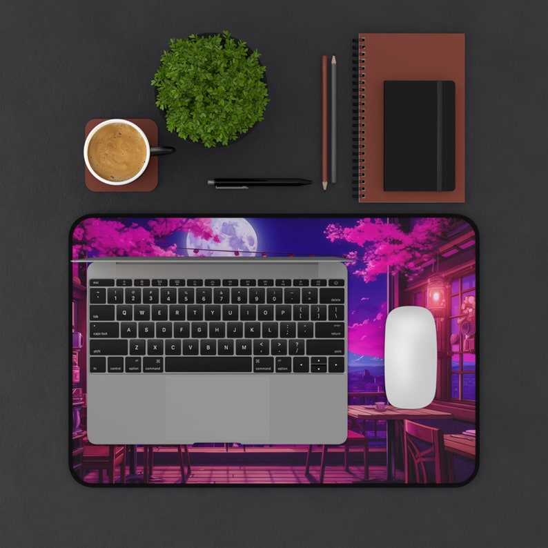 Moon Computer Mat Lofi Cozy Desk Mat XXL Cute Kawaii Mouse Pad Sakura Art, Pastel Pink Anime Deskmat Purple Aesthetic Japan Long Mousepad XL image 9