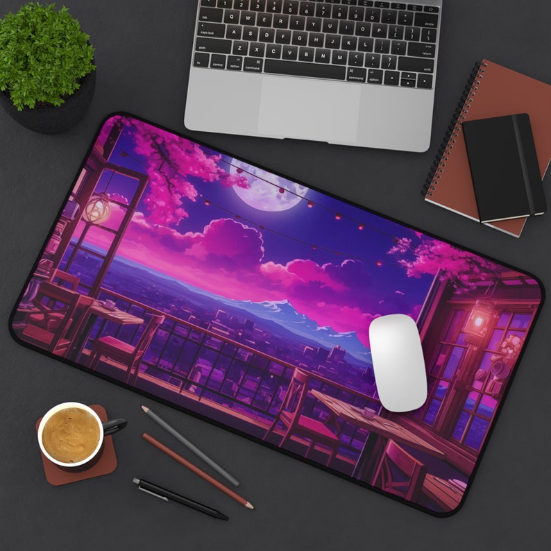 Moon Computer Mat Lofi Cozy Desk Mat XXL Cute Kawaii Mouse Pad Sakura Art, Pastel Pink Anime Deskmat Purple Aesthetic Japan Long Mousepad XL image 5