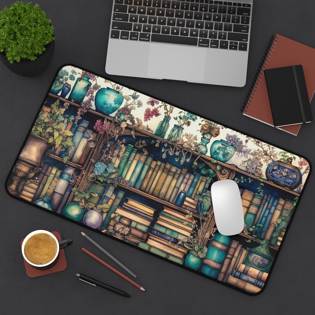 Cottagecore Mousepad Cozy Library Book Desk Mat XL, Pastel Watercolor ...