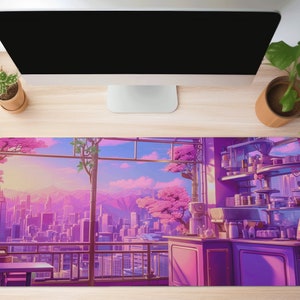 Mouse Pad Lofi Cafe Cozy Anime Desk Mat Cute Kawaii Tokyo Skyline Japan, Pastel Mousepad Purple Lavender Deskmat Sakura Desk Mat XL Deskpad
