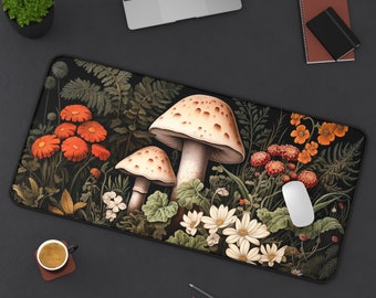 Mushroom Mousepad Dark Cottagecore Desk Mat, Wicca Mouse Pad Botanical Deskmat Floral, XL Deskpad Flower Plant Computer Mat Nature Decor
