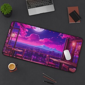 Moon Computer Mat Lofi Cozy Desk Mat XXL Cute Kawaii Mouse Pad Sakura Art, Pastel Pink Anime Deskmat Purple Aesthetic Japan Long Mousepad XL image 4
