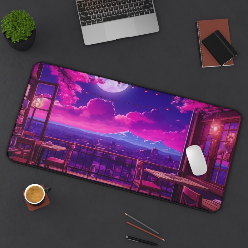 Moon Computer Mat Lofi Cozy Desk Mat XXL Cute Kawaii Mouse Pad Sakura Art, Pastel Pink Anime Deskmat Purple Aesthetic Japan Long Mousepad XL image 4