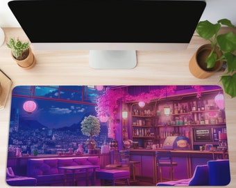 May include: A purple and pink anime-style illustration of a bar with a city skyline view from a large window. The bar has a counter with stools, a cash register, and shelves stocked with bottles. There are pink lanterns hanging from the ceiling and a potted bonsai tree in the corner.