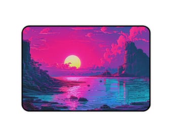 Pixel Art Deskmat Synthwave Retro Mousepad Vaporwave Sunset Ocean, Track Pad 80s 90s Decor 8 Bit Desk Mat Retrowave Mouse Pad Vaporwave Mat