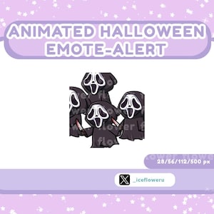 Puede incluir: Emoticono animado de alerta de Halloween con cuatro personajes de Ghostface de la franquicia de películas Scream. Los personajes llevan túnicas negras con máscaras blancas y sostienen cuchillos. El emoticono tiene 28/56/112/500 píxeles.