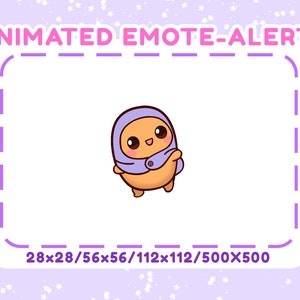 Puede incluir: Alerta de emoticono animado con un personaje de dibujos animados con una bufanda con capucha morada, cuerpo naranja y ojos grandes. El personaje sonríe y saluda. El texto "ANIMATED EMOTE-ALERT" está en la parte superior de la imagen. El texto "28x28/56x56/112x112/500x500" está en la parte inferior de la imagen.