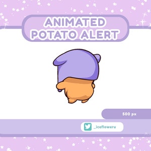 May include: Animated illustration of a cartoon potato wearing a purple hat. The potato is facing away from the viewer and has a surprised expression. The text "ANIMATED POTATO ALERT" is displayed above the potato.