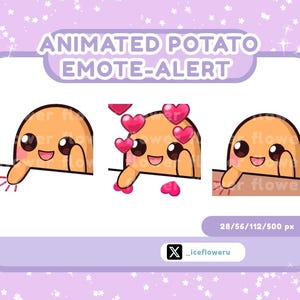 Puede incluir: Gráfico animado de alerta de emote de patata con tres variaciones. El personaje de la patata tiene una cara sonriente y se asoma por encima de una repisa. Una versión tiene corazones flotando encima. El fondo es de color lila claro con estrellas blancas.