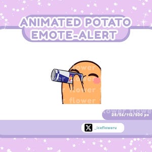 Puede incluir: Gráfico animado de alerta de emote de patata. La imagen presenta un personaje de dibujos animados de patata sosteniendo una lata azul y blanca. El texto "ANIMATED POTATO EMOTE-ALERT" está en la parte superior. El fondo es lila claro con estrellas blancas.