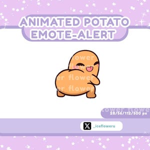 May include: An animated cartoon of a smiling, orange potato with arms and legs. The potato is inside a white rectangle with rounded corners, set against a lavender background with white star accents. Text reads "ANIMATED POTATO EMOTE-ALERT".