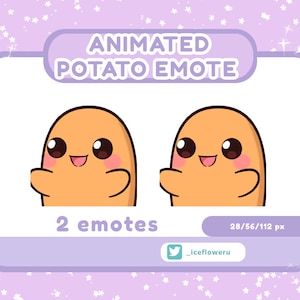 May include: Two animated potato emotes with happy expressions. The emotes are orange with black eyes and a pink blush. The text "ANIMATED POTATO EMOTE" is at the top of the image. The text "2 emotes" is below the emotes. The text "28/56/112 px" is below the text "2 emotes". The text "_icefloweru" is below the text "28/56/112 px".