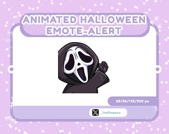 Op de afbeelding: Geanimeerde Halloween-emote-waarschuwing met een cartoon-Ghostface-personage dat een zwarte robe en een wit masker met een wijd open mond en zwarte ogen draagt. Het personage zwaait met zijn rechterhand.