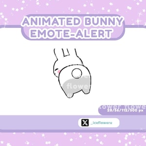 Puede incluir: Alerta de emoticono de conejo animado, un conejo blanco con la nariz rosa y la cola gris, se muestra de espaldas. El conejo está mirando hacia el lado izquierdo de la imagen. El conejo está en un marco blanco con un borde morado. El texto "Animated Bunny Emote-Alert" está en la parte superior del marco. El texto "_icefloweru" está en la parte inferior del marco.