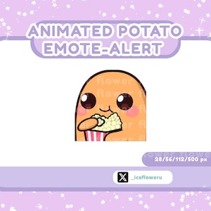 Puede incluir: Emoticono de patata animada con el texto "ANIMATED POTATO EMOTE-ALERT". La patata tiene ojos grandes y sostiene un recipiente de palomitas de maíz. El fondo es de color lila claro con estrellas blancas.