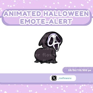 Peut inclure: Graphique animé d'alerte d'émoticône d'Halloween représentant un visage de fantôme de dessin animé dans une robe noire. Le fantôme a un visage blanc avec des détails noirs pour les yeux et la bouche. Le fond est violet clair avec des étoiles blanches.