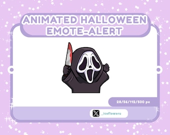May include: Animated Halloween emote alert featuring a cartoon ghost wearing a black robe and a white mask with a scream face, holding a red-handled knife. The ghost is against a white background.