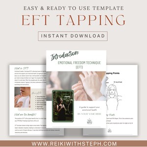 Pode incluir: Um guia imprimível para a técnica de tapping de liberdade emocional (EFT), com ilustrações dos pontos de tapping no corpo. O guia inclui o texto "Introdução: Técnica de liberdade emocional (EFT)" e "Um guia para apoiar a sua saúde emocional".