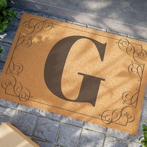 Alfombras para puerta de entrada, felpudo de fibra de coco con monograma de la letra G, decoración del hogar, idea de regalo, felpudo de bienvenida para la entrada, felpudo para exteriores, regalos de inauguración de la casa para el Día de la Madre