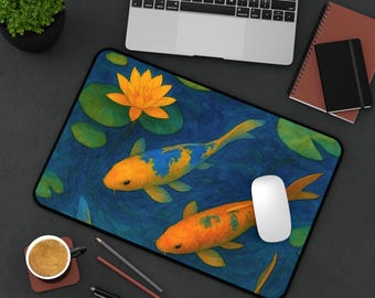 May include: A rectangular mouse pad featuring a vibrant illustration of two koi fish swimming in deep blue water among green lily pads and a single bright yellow lotus flower. The design displays detailed scales and fluid movement.