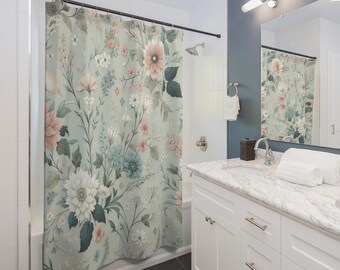 May include: A shower curtain featuring a botanical print with various flowers in shades of soft pink, white, and muted teal against a pale sage green background. The curtain hangs from a black rod with rings, displaying a dense floral pattern.