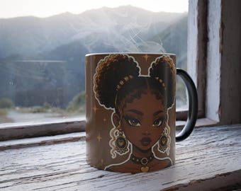May include: A ceramic mug with a black handle featuring a brown-toned illustration of a person with dark skin, two large afro puffs, gold hoop earrings with heart charms, and a black choker necklace with a gold heart pendant, accented by gold stars.